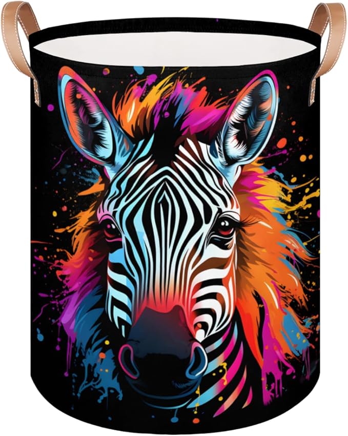 Colorful Animal Zebra Collapsible Laundry Basket Large Laundry Hamper Waterproof Foldable Storage Bins Laundry Basket with Leather Handles Clothes Nursery Hampers
