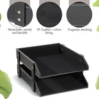 Leather Desk File Organizer 2-Tier Stackable Letter Tray Holder Desktop Organization Holder for Document, Magazines, Newspapers, Letters, and Other Home Office Paper Sundries, Black