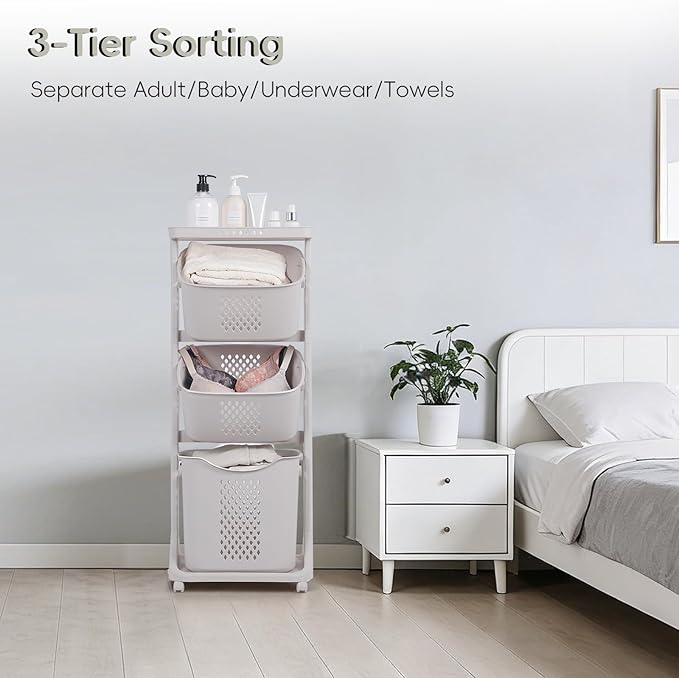 GCCSJ 3-Tier Rolling Laundry Hamper Sorter with Wheels, 75L Capacity & Removable Mesh Baskets, Foldable Storage Organizer Cart for Bedroom, Bathroom, Laundry Room (17.32"x13.1"x42.59")