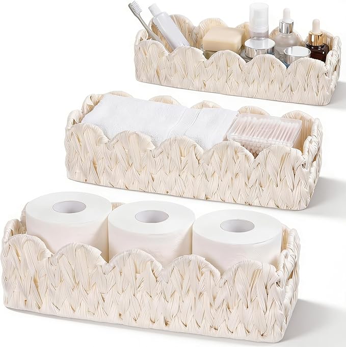3Pack Toilet Paper Basket for Organizing Scalloped Edge Wicker Basket with Handles Toilet Tank Paper Holder Storage for Bathroom Bedroom Countertop Shelf Decor (Beige,Plastic)