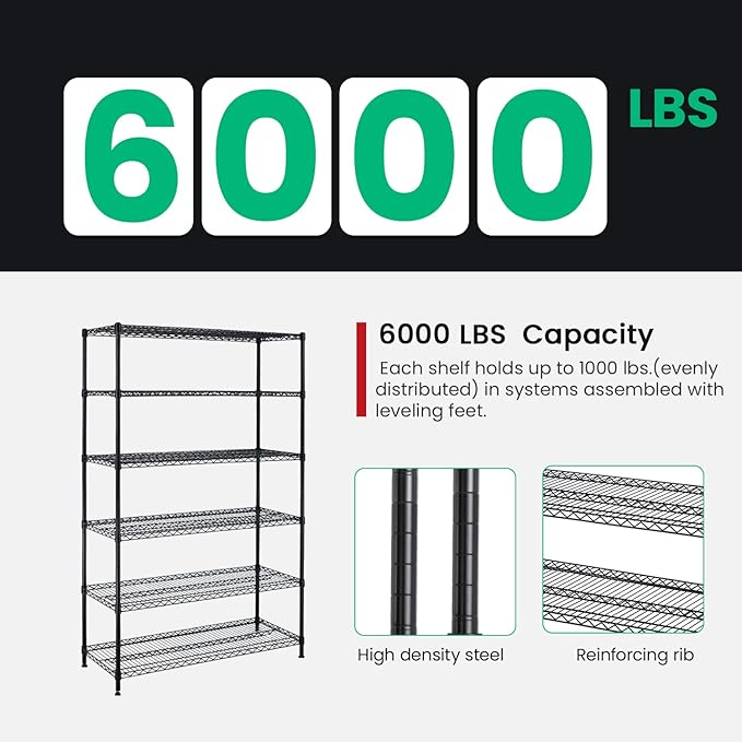 PayLessHere | 6-Tier Wire Shelf with Wheels | 48"x18"x76" | Black | Adjustable Racks | Heavy-Duty Storage Shelves, Holds Upto 600 lbs | Rust-Resistant, No-Tool Assembly | for Home, Garage Shelving
