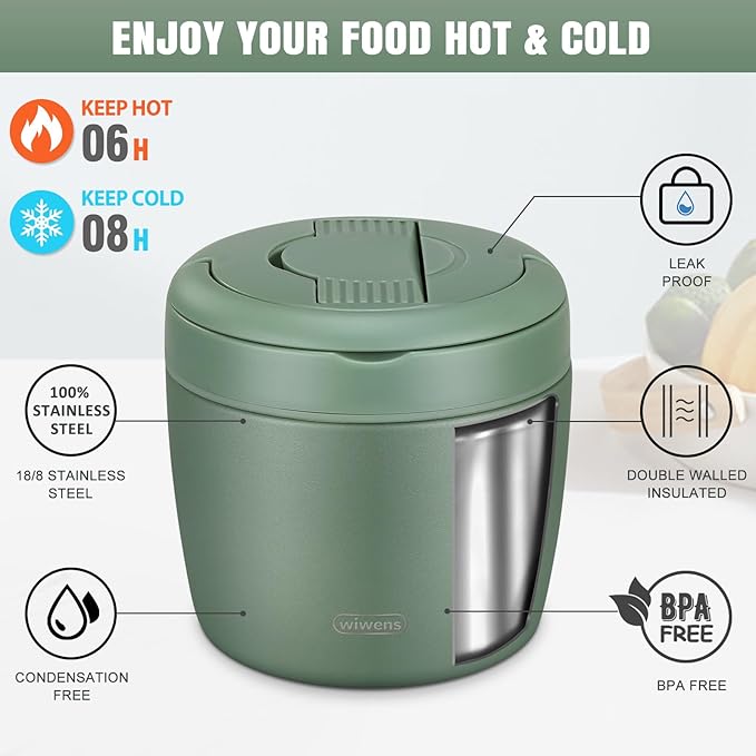 Thermo Food Jar for Hot Food Adults 32OZ Soup Thermo Lunch Containers Wide Mouth Vacuum Insulated Stainless Steel Leakproof Bento Box with Spoon (Green)