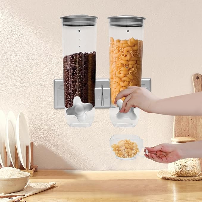 101oz Wall Mount Dry Goods Dispenser, Double-bucket Dry Cereal Dispenser Grain Dispenser Grid Grain Storage Bin Kitchen Storage Organizer, Dry Food Cereal Dispenser For Food Nuts Flour Maker (Silver)