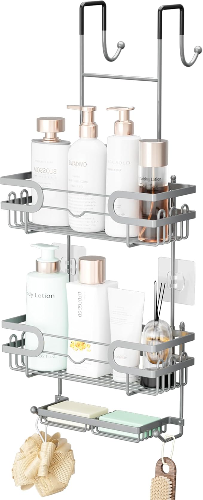 SWTYMIKI Over the Door Shower Caddy Hanging with Double Soap Holder, Hanging Shower Organizer with 16 Hooks, No Drilling Shower Shelves Over Door, Bathroom Rack and Storage, Silver