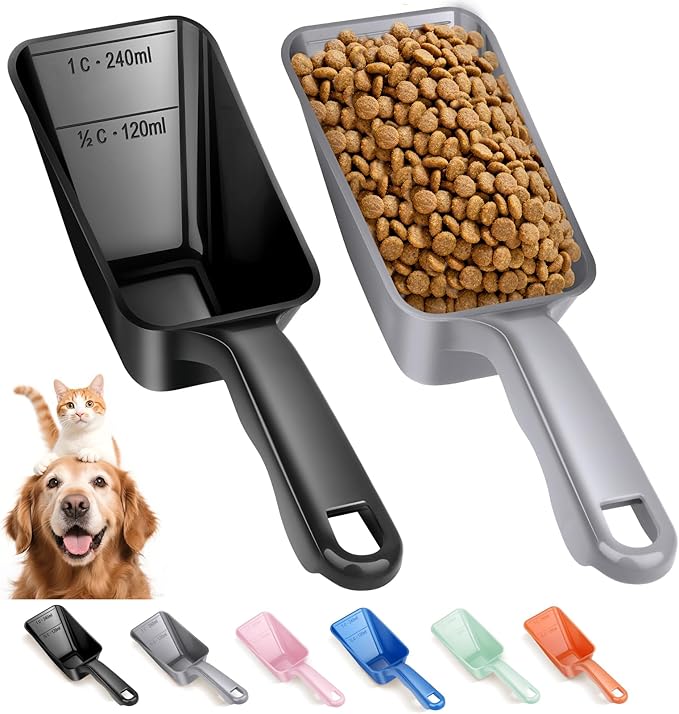 2-Pack Dog Food Scoop 1 Cup, Plastic Pet Food Measuring Scoop With Measuring Lines (1/2 & 1 Cup Markings) for Dogs, Cats, Fish, Bird（Black and Grey)