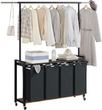 Versatile Laundry Sorter Hamper with Hanging Rack & Shelf – 4-Section Rolling Clothes Organizer, Utility Shelf, Lockable Wheels, Multi-Room Storage for Laundry Room, Bedroom, Bathroom