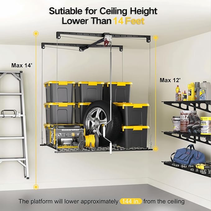 Overhead Garage Storage Rack for 12-14ft Ceiling, Heavy-duty 4x4 FT Garage Ceiling Storage Racks with Safety Lock, Ideal for Storage Mounted Lift System and Storage Organizer, 250lbs Capacity