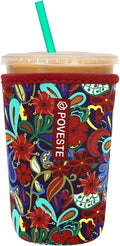 Reusable Neoprene Insulator Sleeve for Iced Coffee & Cold Soda, Coffee Sleeves for Iced & Hot Drinks, Cold Beverage Cooler Compatible with Starbucks, Dunkin (Tropical Flower, Medium: 22-24oz)