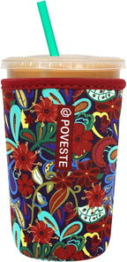 Reusable Neoprene Insulator Sleeve for Iced Coffee & Cold Soda, Coffee Sleeves for Iced & Hot Drinks, Cold Beverage Cooler Compatible with Starbucks, Dunkin (Tropical Flower, Medium: 22-24oz)