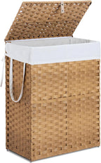 Laundry Hamper with Lid, 90L Foldable Laundry Basket with Removable Liner Bags, Handwoven Synthetic Rattan Clothes Hamper for Bathroom, Bedroom, Laundry Room, Yellow