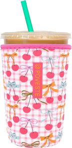 Reusable Neoprene Insulator Sleeve for Iced Coffee & Cold Soda, Coffee Sleeves for Iced & Hot Drinks, Cold Beverage Cooler Compatible with Starbucks, Dunkin (Cherry Picked, Medium: 22-24oz)
