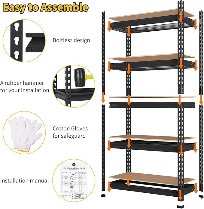 Heavy Duty Garage Storage Shelves, 5-Tier Metal Adjustable Shelving Unit with 2500 LBS Capacity, 35" l x 18" w x 72" h Storage Shelving for Kitchen Pantry Basement Bathroom Laundry