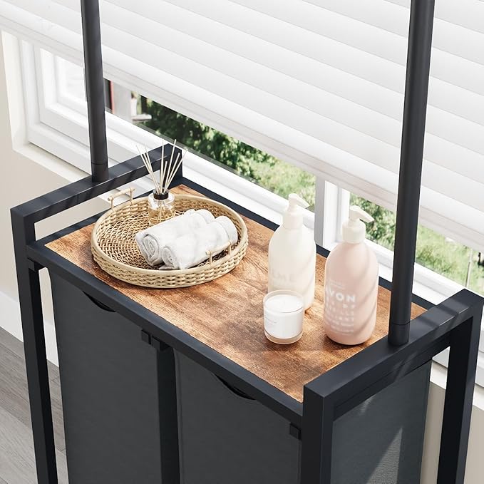2-Section Rolling Laundry Sorter Cart with Hanging Rod & Utility Shelf, Large Capacity Lockable Wheels Laundry Hamper Basket Organizer for Laundry Room, Bathroom, Bedroom - Rustic Black