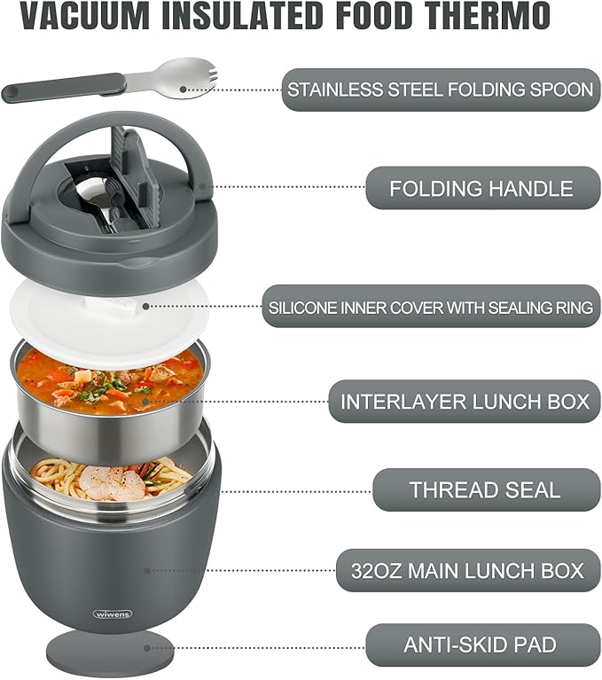 Thermo Food Jar for Hot Food Adults 32OZ Soup Thermo Lunch Containers Wide Mouth Vacuum Insulated Stainless Steel Leakproof Bento Box with Spoon (Grey)