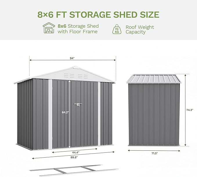 Devoko 8 x 6 FT Metal Storage Shed with Floor Frame Waterproof Garden Tool Shed with Lockable Door, Outdoor Shed Storage House for Backyard Patio Lawn, Grey