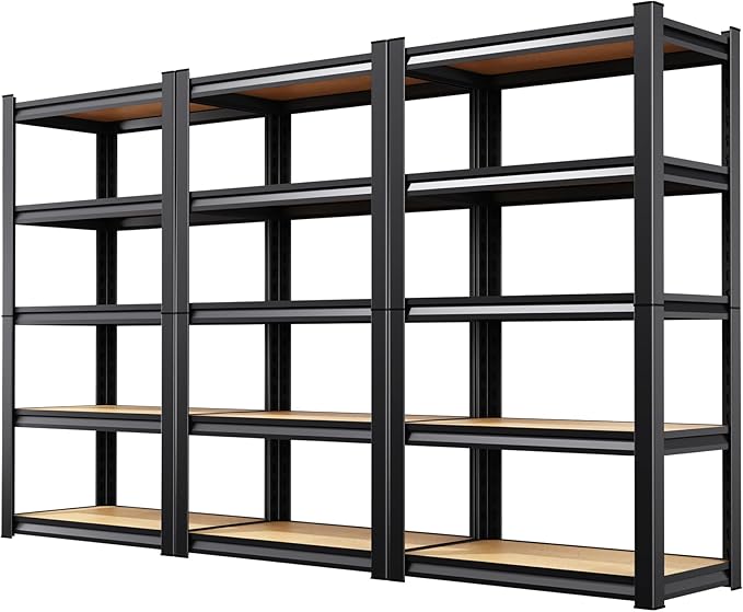 3 Pack Heavy Duty Garage Shelving - 1900 LBS Capacity 5-Tier Metal Storage Shelves, 71"H x 28"W x 12"D Adjustable Steel Utility Rack, Compact Storage Shelf for Pantry, Closet, Basement, Shed - Black