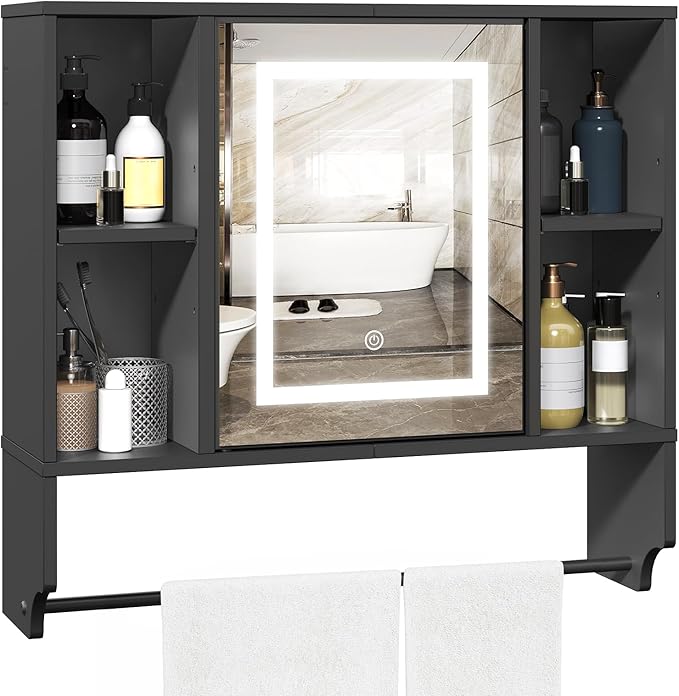 Bathroom Wall Cabinet with Mirror, Wall Mounted Medicine Cabinet with Color Adjustment LED Lights, Mirrored Over The Toilet Storage Cabinet with Adjustable Shelves, 23.6''W x 21.6''H, Black