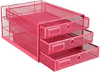 Annova Desk Organizer Wire Mesh 3 Tier Sliding Drawers Paper Sorter/Multifunctional/Premium Solid Construction for Letters, Documents, Mail, Files, Paper, Kids' Art Supplies (Pink)