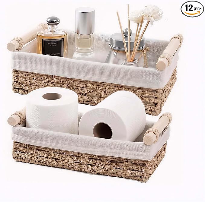 Toilet Paper Storage, Boho Bathroom Decor Woven Basket with Handle Toilet Paper Basket for Organizing Bedroom Living Room Kitchen Storage and Shelf, 2 - Piece Set (Large & Medium)