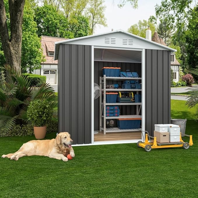 Heavy-Duty Outdoor Garden Shed with Aluminum Alloy Frame, Hinged Door, and Stable Foundation for Secure Storage (6x4 Feet Grey with Metal Base)