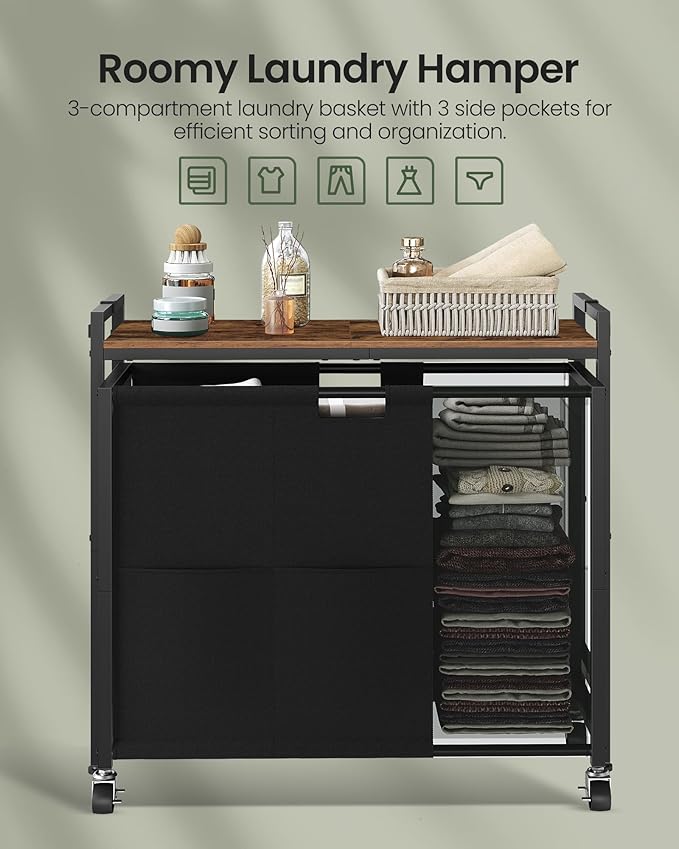 Laundry Sorter, Laundry Hamper with Storage Shelf, Mobile 2-in-1 Basket Organizer, 120 L Rolling Hamper, Large Bags and Movable Wheels, Metal Frame, Rustic Brown and Black TXY01BF