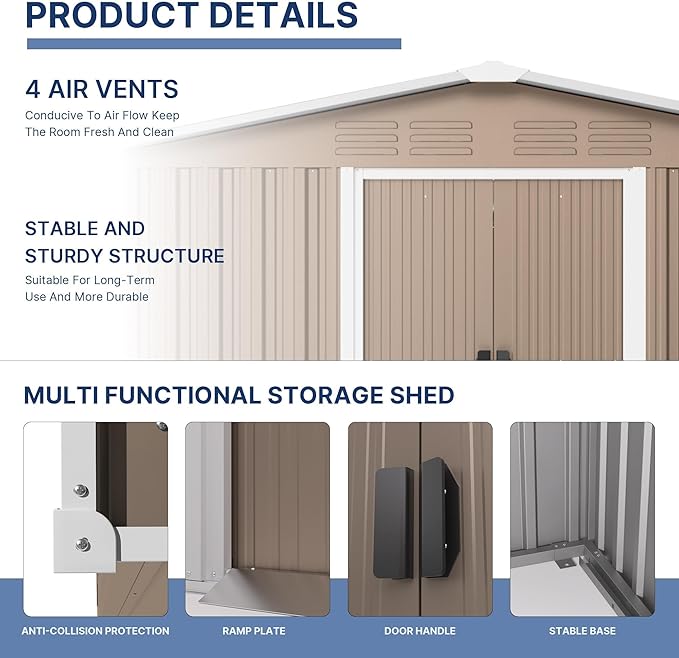 Kullavik 8FT x 6FT Outdoor Storage Shed with Lockable Doors,Waterproof Metal Garden Tool Shed,Galvanized Steel shed for Backyard,Garden,Patio