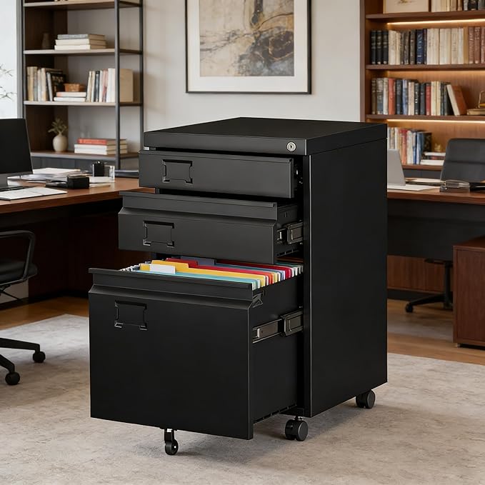 SUXXAN 3 Drawer File Cabinet with Lock, Metal Under Desk Cabinet with Wheels for Office & Home, Legal/Letter Size, Need to Assemble