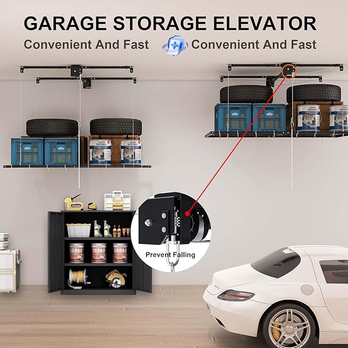 4x8 FT Overhead Garage Storage Rack for Ceilings, Heavy-Duty Metal Adjustable Ceiling Storage Racks with Safety Lock, 270LBS Mounted Rack, All-Steel Garage Organizer (4x8 FT)