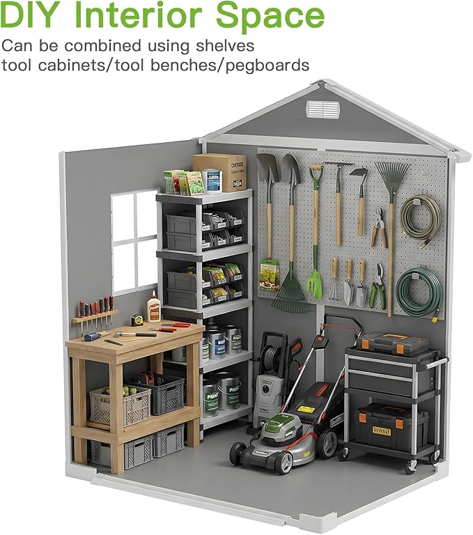 AIRAJ 6x4 FT Outdoor Storage Shed,Resin Storage Shed with Floor/Window/Vent/Roof Rainwater Drainage/Lockable Door,All-Weather Garden House,for Backyard, Garden,Poolside,Bike,Lawn Mower,Patio Furniture