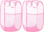 2 Pack Durable Collapsible Laundry Baskets - Reinforced Mesh Pop Up Laundry Hamper with Pocket, Foldable Dirty Clothes Hamper with Carry Handles for Laundry, Bathroom, Kids Room, Dorm or Travel Pink
