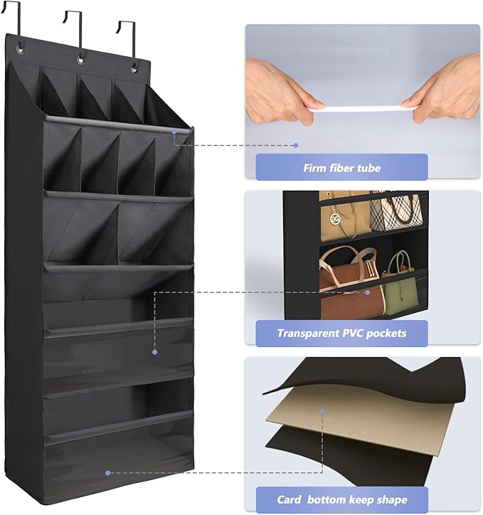 FENTEC 2 Pack Over the Door Shoe Organizer, Hanging Shoe Organizers with Large Pockets Shoe Holder Hanging Shoe Rack for Closet Shoe Organizer for Wall, Over Door Organizer with 30 Pockets, Black