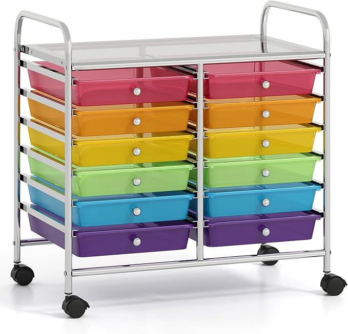 GOFLAME 12-Drawer Rolling Storage Cart, Multifunctional Art Craft Organizer Cart, Mobile Utility Storage Cart with Removable Drawers & Lockable Wheels, Craft Cart for Home Office School, Rainbow