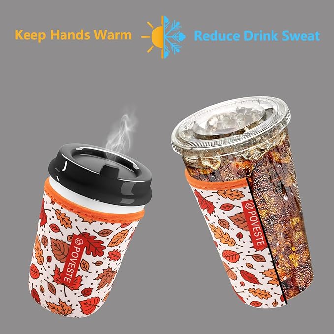 Reusable Neoprene Insulator Sleeve for Iced Coffee & Cold Soda, Coffee Sleeves for Iced & Hot Drinks, Cold Beverage Cooler Compatible with Starbucks, Dunkin (Fall Leave, Medium: 22-24oz)