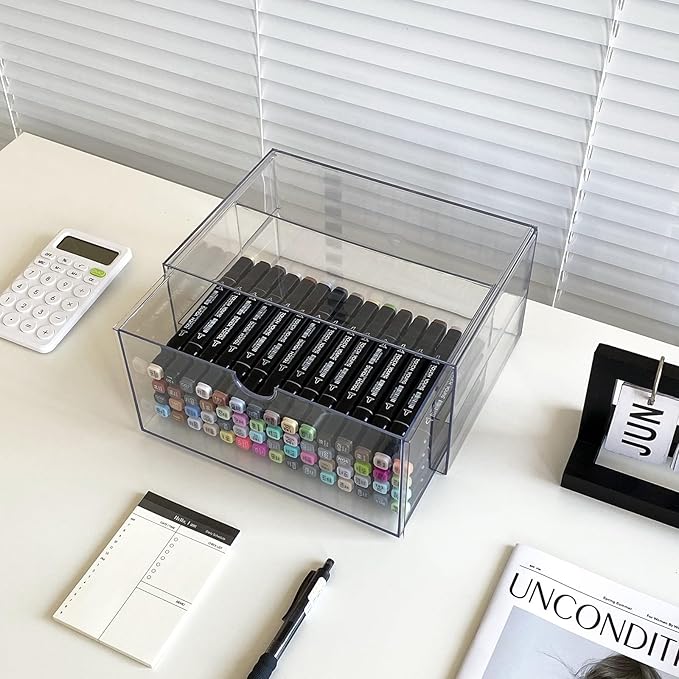 Clear Desk Organizers and Accessories, 2 Pack Plastic Drawer Organizer for Office Supplies, Marker Pen, Art Crafts, Stationery, Coffee Pods, Stackable Home Storage (2 Drawers)
