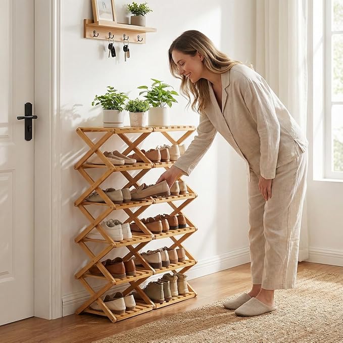 The 9-Tier No-Assembly Bamboo Rack, 3-9 Tiers Bamboo Shoe Rack, Foldable Bamboo Vertical Shoe Organizer, Multifunctional & Space-Saving, For Entryway, Closet, Corner, Bedroom, Hallway (Wood, 6Tiers)