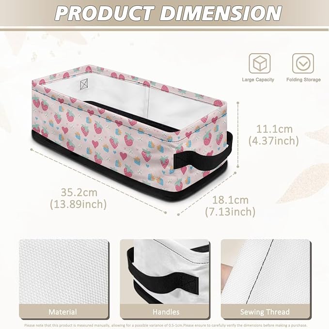 Storage Bin Organizer Collapsible Fabric Basket for Bathroom Kitchen Office Home Storage with Handles for Easy Carrying 13.89 x 7.13 x 4.37 Inch, Strawberry Love Flower Pink