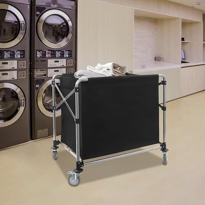 Commercial Laundry Cart with Wheels,Folding Laundry Hamper Cart,Heavy Duty Rolling Laundry Basket with Large Capacity,Laundry Sorter Trolley for Home Hotel Apartment (Black, 35.43 * 23.62 * 34.65in)