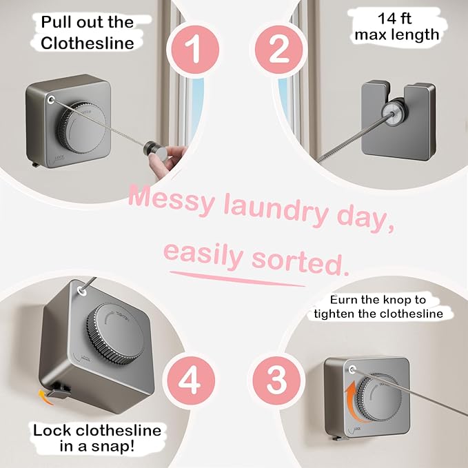 JXKNKSR-Telescopic Clothesline Indoor and Outdoor, Heavy-Duty Laundry Line, Wall Mounted, Safety Lock System (Gray+10Clothes Pins)