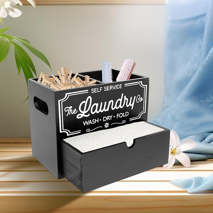 Wooden Dryer Sheet Container for Laundry Room Organization, Laundry Pods Container Include 2 Plastic Jars with Lids for Laundry Room