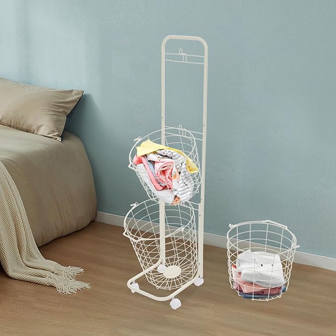 3-Tier Laundry Cart with Locking Wheels & Removable Hampers - Metal Garment Organizer for Home/Laundry Room/Dorm | Rolling Storage System Wire Metal Sorter