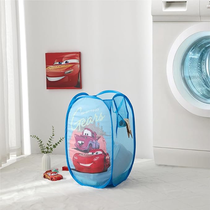 Disney Cars Pop-Up Hamper with Durable Carry Handles for Laundry, Kids Room & Nursery Storage, 21”H x 13.5”W x 13.5”L