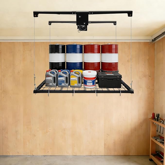 Overhead Garage Storage Rack, 4x4Ft Ceiling Storage Lift 79in Adjustable Height Garage Storage Organization Systerm, Heavy Duty Metal Garages Ceiling Storage Racks, 300lbs Load Capacity (Satin Black)