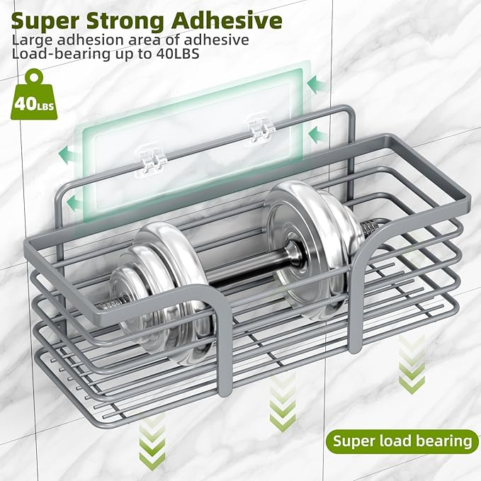 Yougai Shower Caddy, Shower Organizer with Soap Holder and Hooks, Rustproof Shower Shelves, No Drilling Bathroom Organizers and Storage, Wall-Mounted Kitchen & Home Decor, Light Grey