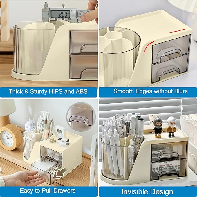 Marte Vanci 360° Rotating Desk Organizer with 2 Drawer, Desktop Rotating Pen Holder with 6 Slots, Small Makeup Organizer, Multifunctional Desk Accessories for Office, Home(Beige)
