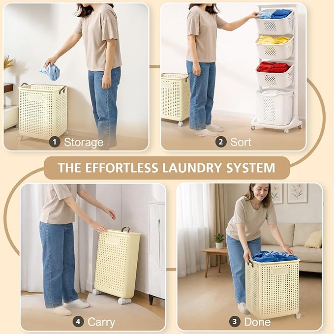 4-Tier Laundry Hamper Sorter & X-Large Foldable Laundry Hamper, Vertical Rolling Laundry Baskets with Wheels, Stackable Laundry Cart Organizer and Storage for Small Space, Closet, Bathroom