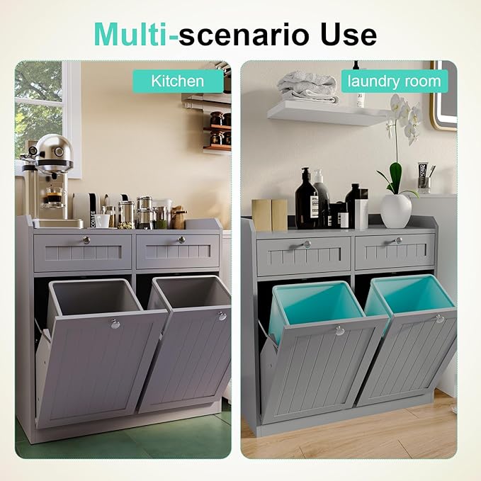 Double Tilt Out Trash Can Cabinet, Dog-Resistant, Fits 13.8"H Bins (Max 11.8"x11.8" Base), Includes Removable Fabric Hamper, Easy Assembly, Grey for Kitchen & Laundry