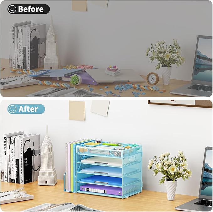Marbrasse 5-Tier Desk Organizer with File Holder,Paper Letter Tray Organizer,Desktop File Organizer with Adjustable Compartments,Mesh Desk Organizers and Accessories for Office Supplies,Blue