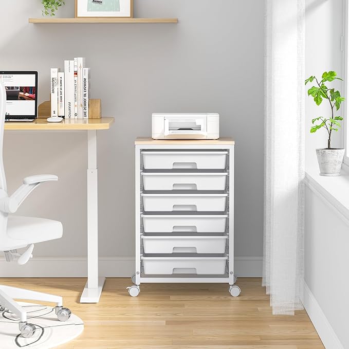 Rolling Cart with Drawers,Utility Cart with 6 Drawers,Rolling Storage Cart with Drawers and Wooden Tabletop & Lockable Wheel,White