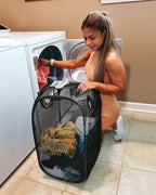 2 Pcs Strong Mesh Pop-up Laundry Hamper, Quality Pop Up Hampers for Laundry with Durable Handles Solid Bottom High Carbon Steel Frame, Easy to Open and Fold Flat for Storage(Black)