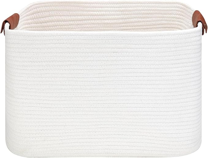 Large Cotton Rope Storage Basket with Leather Handles, Laundry Hamper Basket, 20 "L x 14" W x 12 "H, Durable & Stylish Organizer for Home.(Large White)